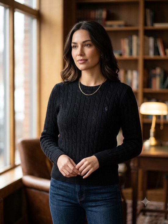 Polo Ralph Lauren Sweaters - Polo Ralph Lauren Black Cable-Knit Crewneck Wool Cashmere Sweater - #289